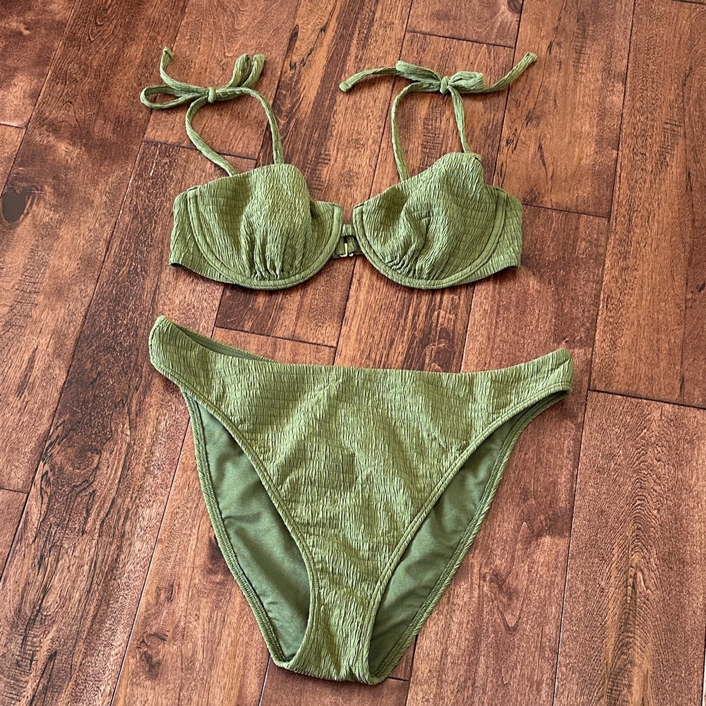 Abercrombie & Fitch Bikini M Underwire Top and L Hi Leg Mid Cheeky Bottoms Olive